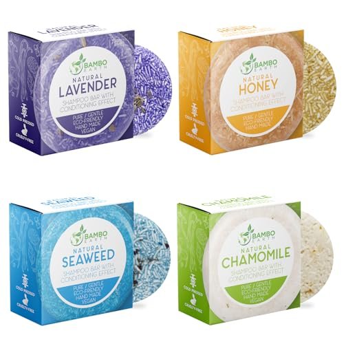 BAMBOEARTH 4-Pack Solid Shampoo Bar and Conditioner Effect Hair Soap – 100% Organic, Natural Plant-Based Essential Oils, Zero Waste Biodegradable Packaging Avelisse