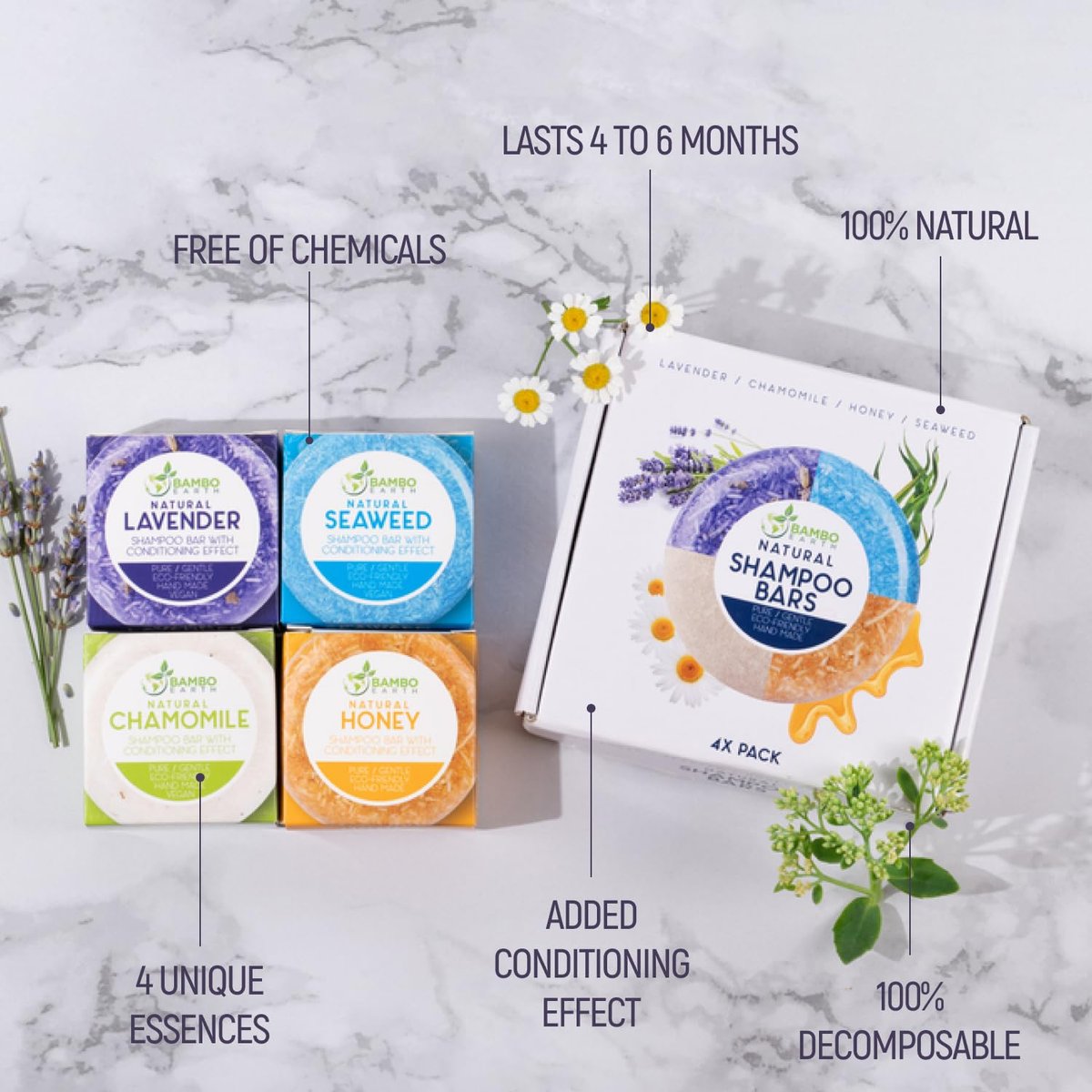 BAMBOEARTH 4-Pack Solid Shampoo Bar and Conditioner Effect Hair Soap – 100% Organic, Natural Plant-Based Essential Oils, Zero Waste Biodegradable Packaging Avelisse