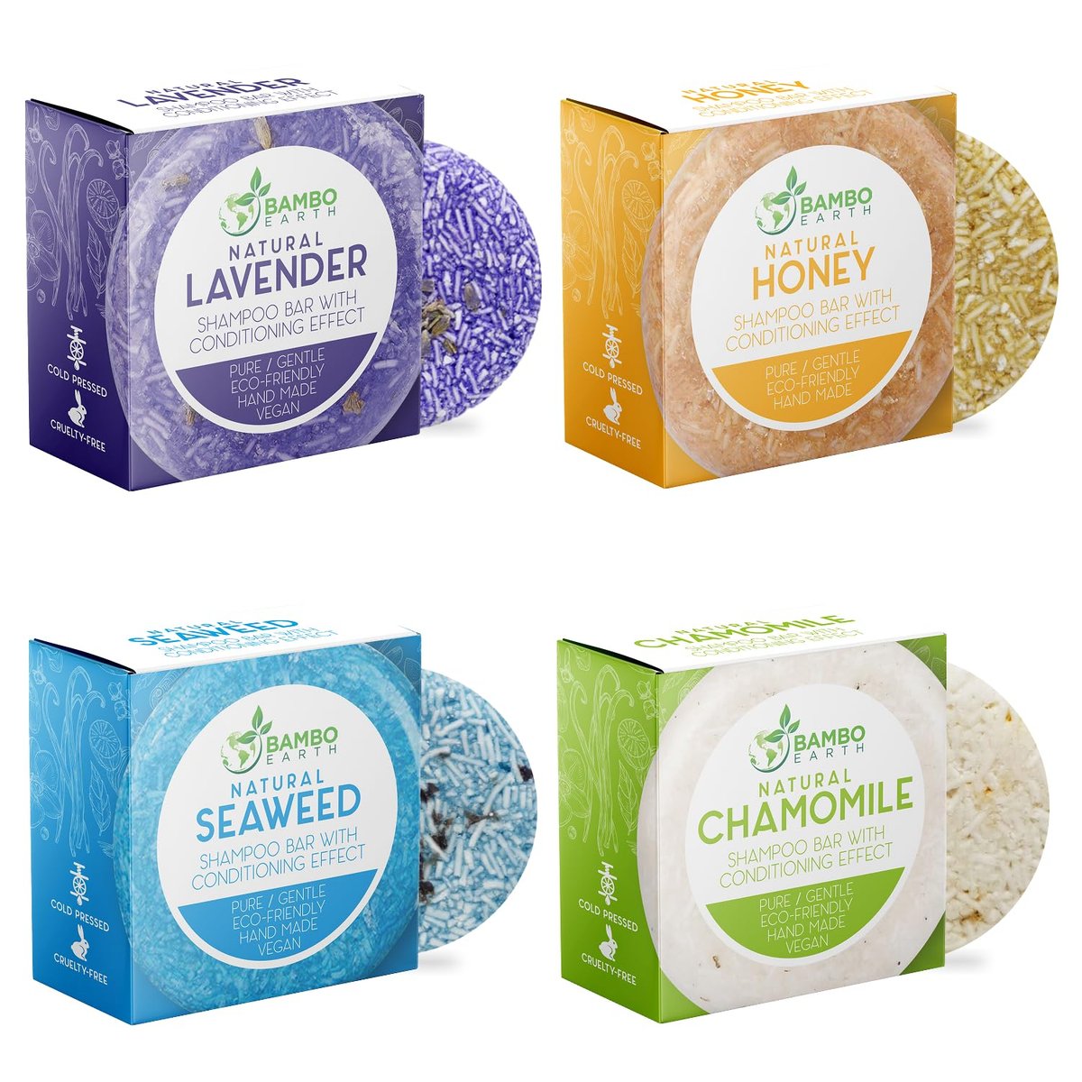BAMBOEARTH 4-Pack Solid Shampoo Bar and Conditioner Effect Hair Soap – 100% Organic, Natural Plant-Based Essential Oils, Zero Waste Biodegradable Packaging Avelisse