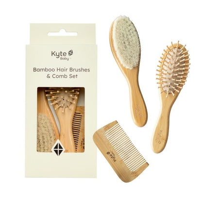 Kyte BABY Bamboo 3-Piece Brush Set – Goat Hair Brush, Wooden Bristle Brush & Bamboo Comb for Gentle Hair Care Avelisse
