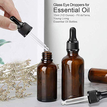 YGDZ Glass Droppers for Essential Oils - 15 Pack 15ml (1/2 oz) - Replacement Dropper Tops for DoTerra & Young Living Bottles