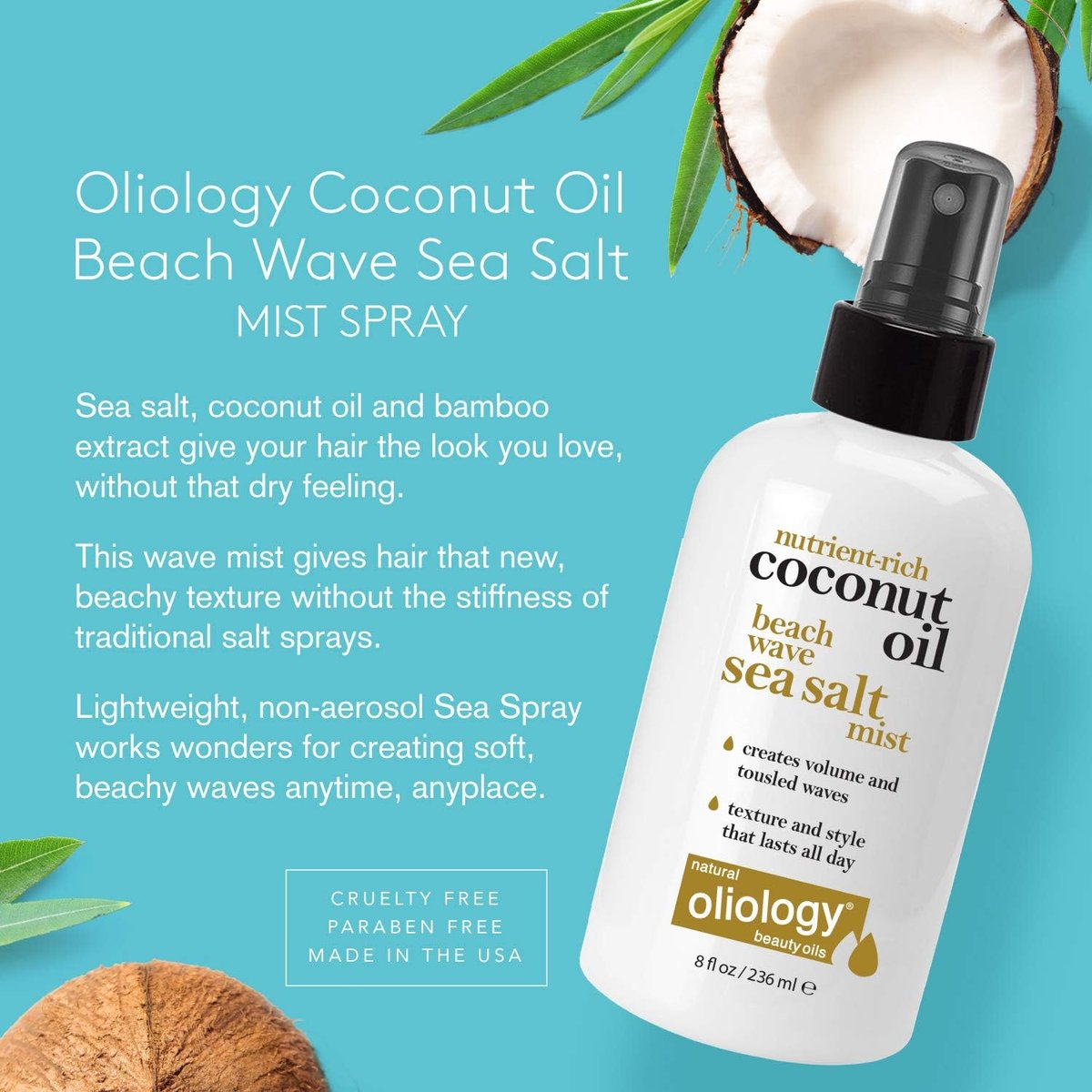 Oliology Coconut Oil Beach Wave Sea Salt Mist Spray - 2 Pack, 8.5 oz Each - Creates Soft Beachy Waves Without Stiffness - Paraben Free - görsel 3