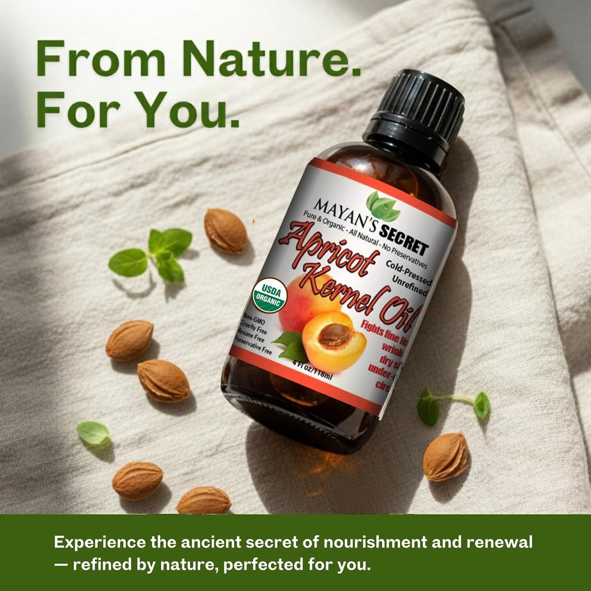 Organic Apricot Kernel Oil – Cold Pressed & Unrefined Moisturizing for Skin, Face, and Hair – Pure Apricot Seed Oil, 4 oz. with Dropper – USDA Certified Avelisse