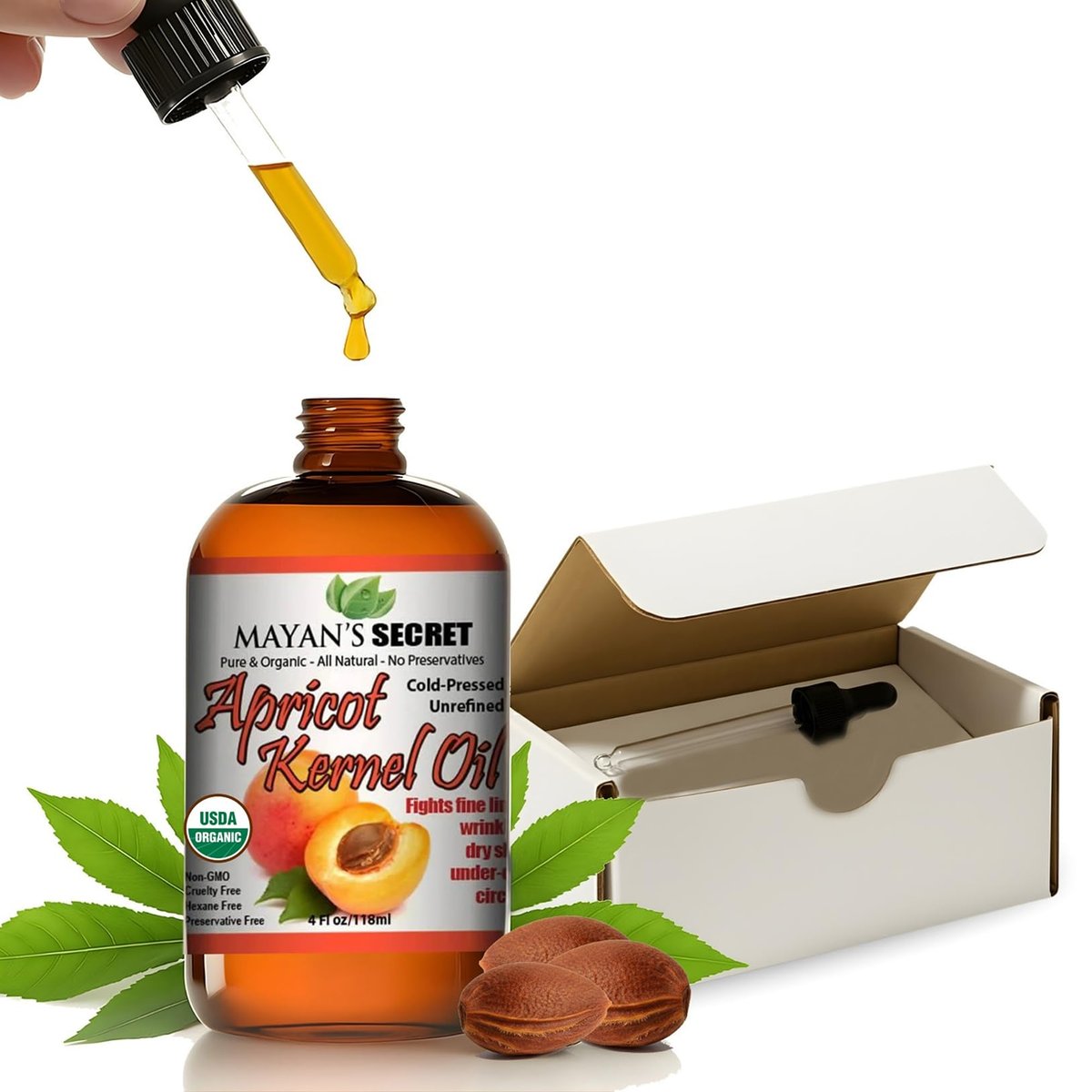 Organic Apricot Kernel Oil – Cold Pressed & Unrefined Moisturizing for Skin, Face, and Hair – Pure Apricot Seed Oil, 4 oz. with Dropper – USDA Certified Avelisse