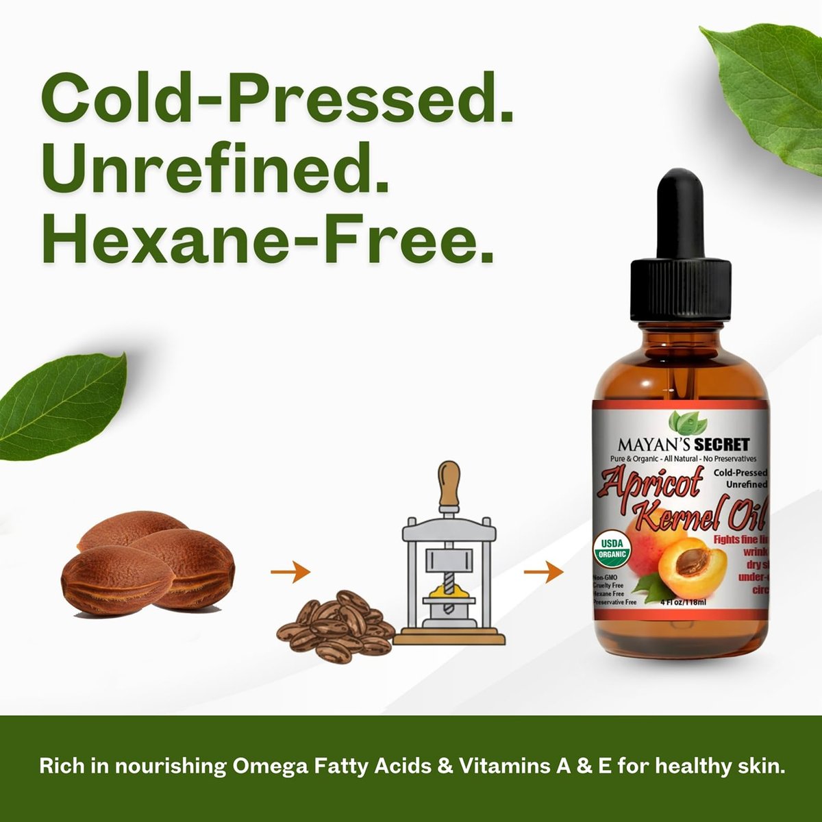 Organic Apricot Kernel Oil – Cold Pressed & Unrefined Moisturizing for Skin, Face, and Hair – Pure Apricot Seed Oil, 4 oz. with Dropper – USDA Certified Avelisse