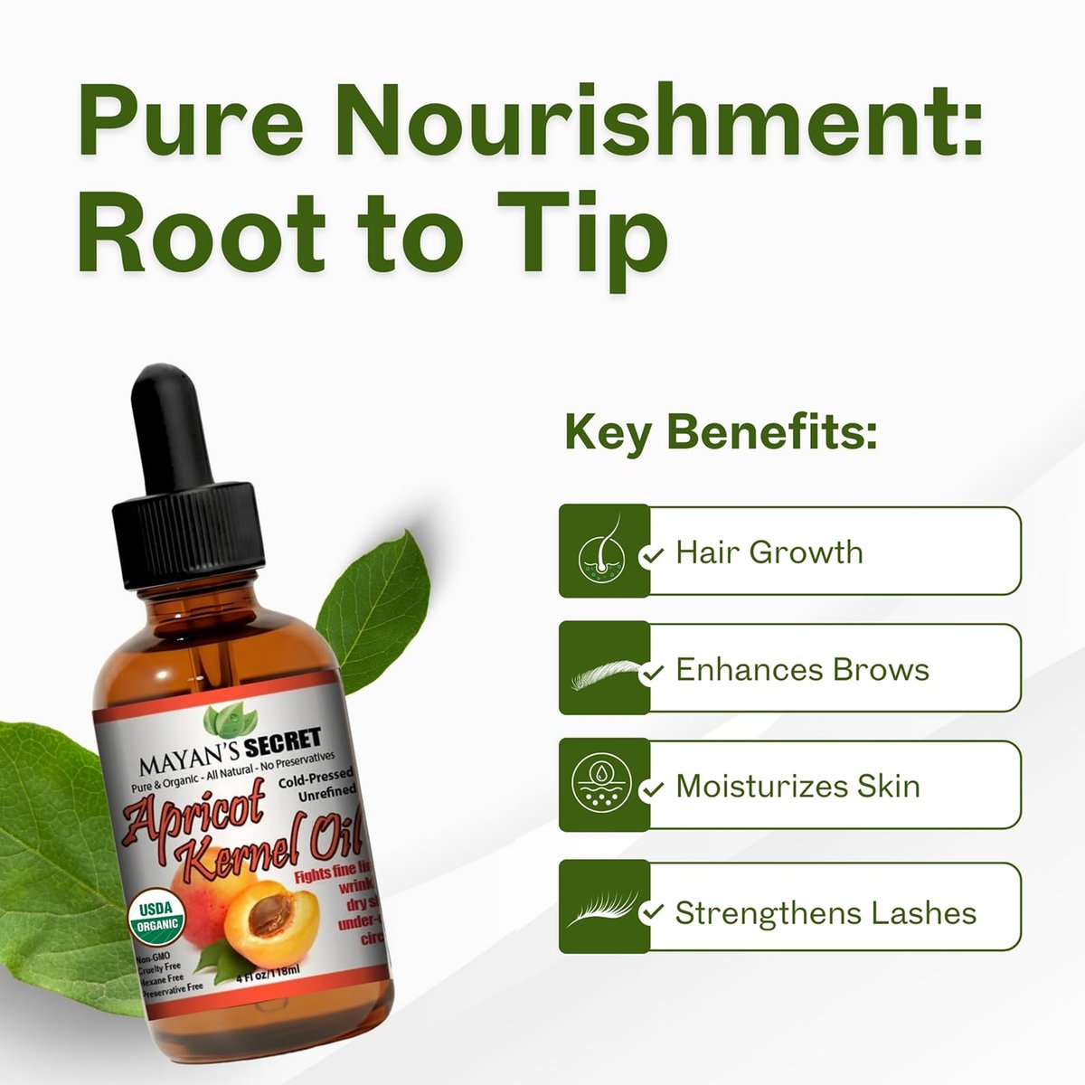 Organic Apricot Kernel Oil – Cold Pressed & Unrefined Moisturizing for Skin, Face, and Hair – Pure Apricot Seed Oil, 4 oz. with Dropper – USDA Certified Avelisse