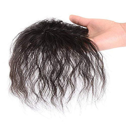 LXUE Curly Hairpiece Clip on Human Hair Topper with Bangs – Fluffy Wiglet for Thin Hair, 6" Off Black
