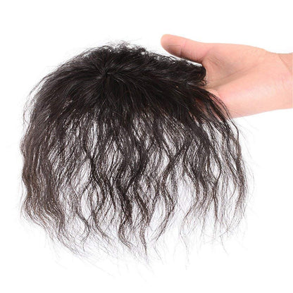 LXUE Curly Hairpiece Clip on Human Hair Topper with Bangs – Fluffy Wiglet for Thin Hair, 6" Off Black