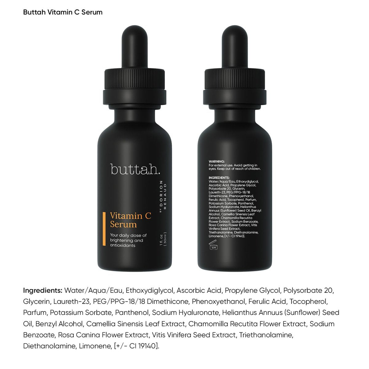 Buttah Skin Vitamin C Serum with Vitamin E, Ferulic Acid & Green Tea – 1 Fl Oz (30 mL) – Brightening & Anti-Aging Face Serum Avelisse