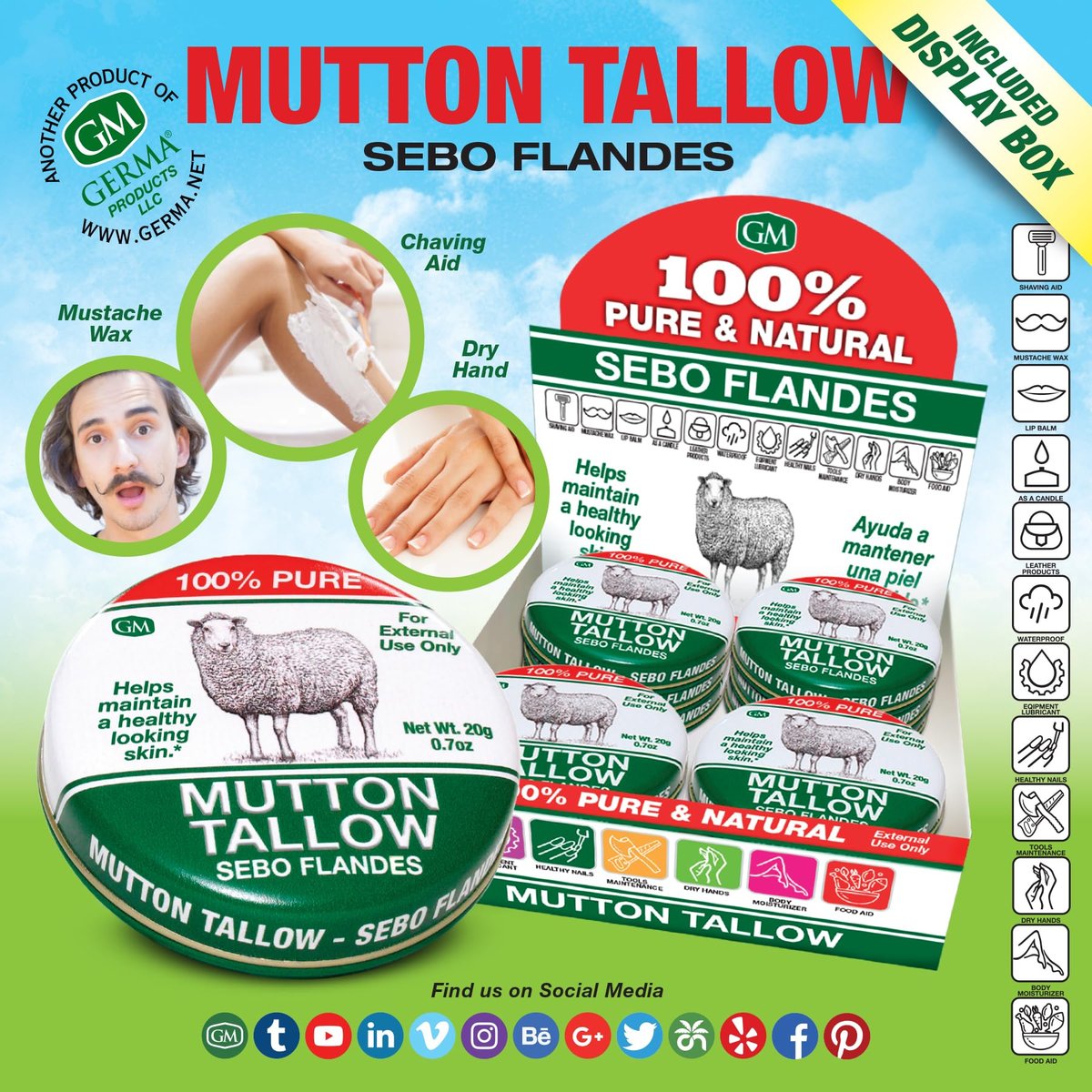 Germa Mutton Tallow Cream - 100% Pure Sebo Flandes Moisturizer for Hands & Sunburn Relief, Adult Skin Care, 0.7 oz - görsel 13
