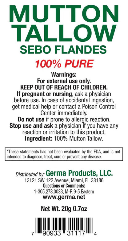 Germa Mutton Tallow Cream - 100% Pure Sebo Flandes Moisturizer for Hands & Sunburn Relief, Adult Skin Care, 0.7 oz