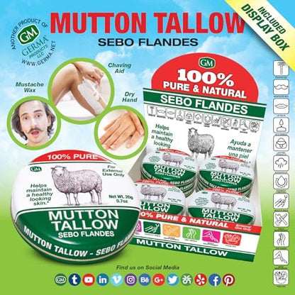 Germa Mutton Tallow Cream - 100% Pure Sebo Flandes Moisturizer for Hands & Sunburn Relief, Adult Skin Care, 0.7 oz