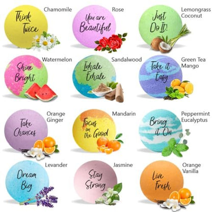 Bath Bombs for Women Relaxing with Inspirational Messages - 12 Natural & Organic Bath Bombs with Essential Oils & Shea Butter - Birthday Gift, Mothers Day Gift for Mom, Wife Avelisse
