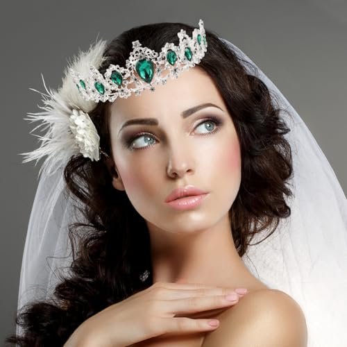 FRCOLOR Green Crystal Tiara Crown for Women - Rhinestone Queen Crown Headband for Birthday, Halloween, Wedding - görsel 4