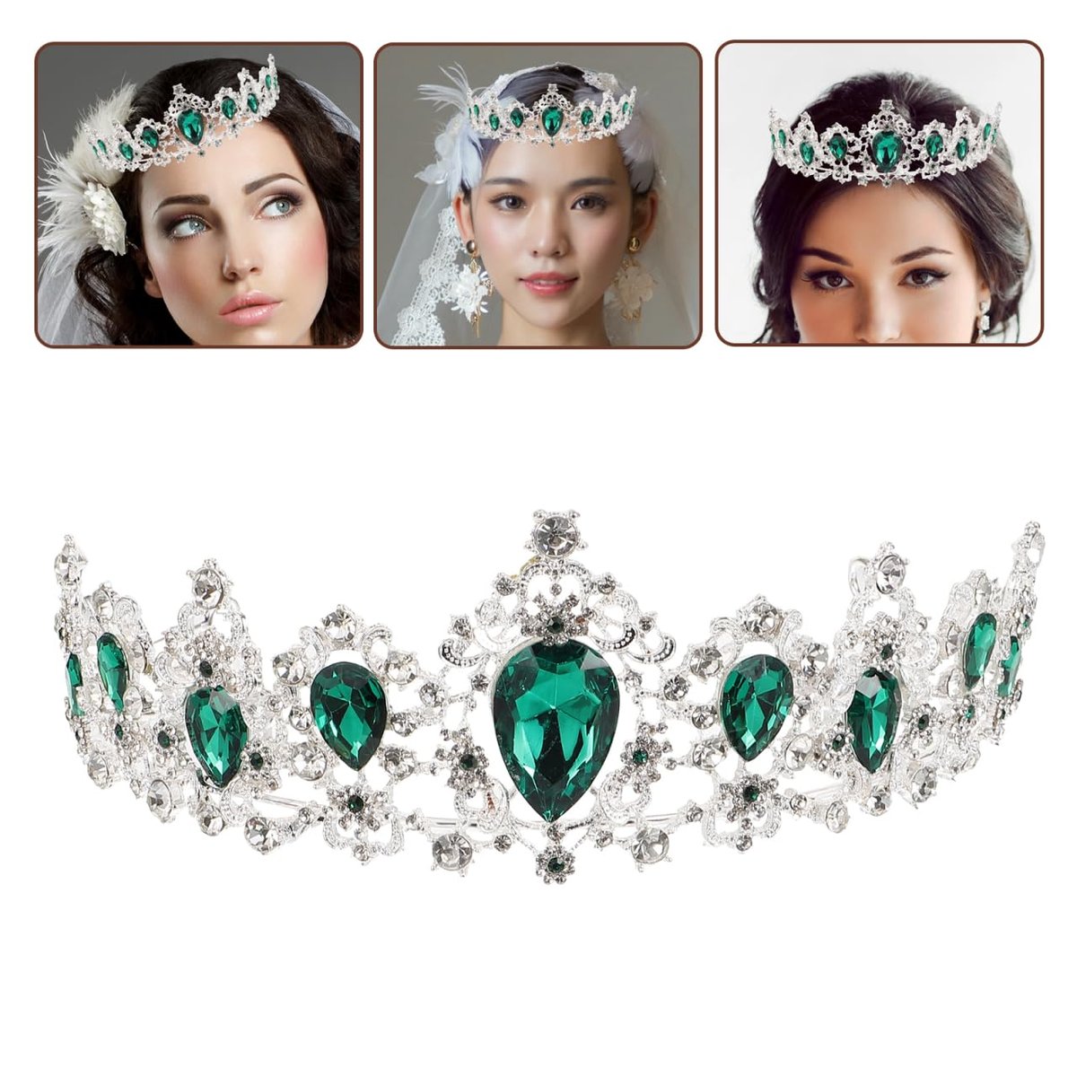 FRCOLOR Green Crystal Tiara Crown for Women - Rhinestone Queen Crown Headband for Birthday, Halloween, Wedding - görsel 15