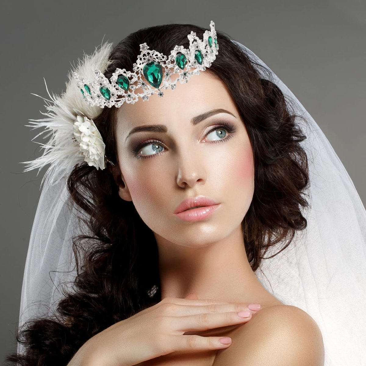 FRCOLOR Green Crystal Tiara Crown for Women - Rhinestone Queen Crown Headband for Birthday, Halloween, Wedding - görsel 3