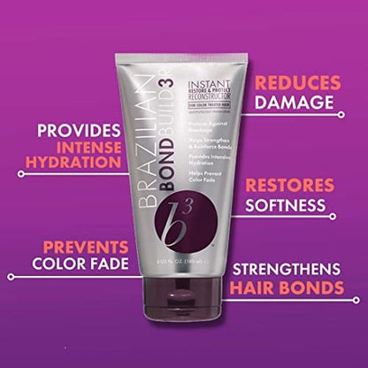 B3 Brazilian Bondbuilder Instant Restore & Protect Reconstructor - 6 Fl Oz Hair Mask for Damaged Hair Avelisse