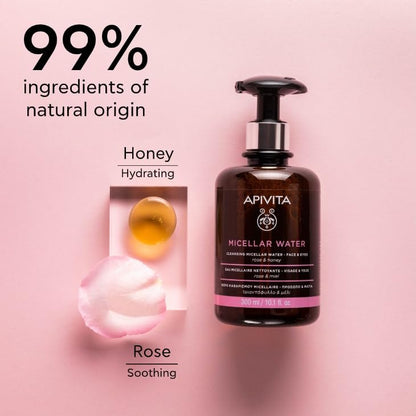 Apivita Micellar Water Hydrating & Nourishing Cleansing Micellar Water for Face & Eyes with Rose & Honey - 10.1 Fl Oz