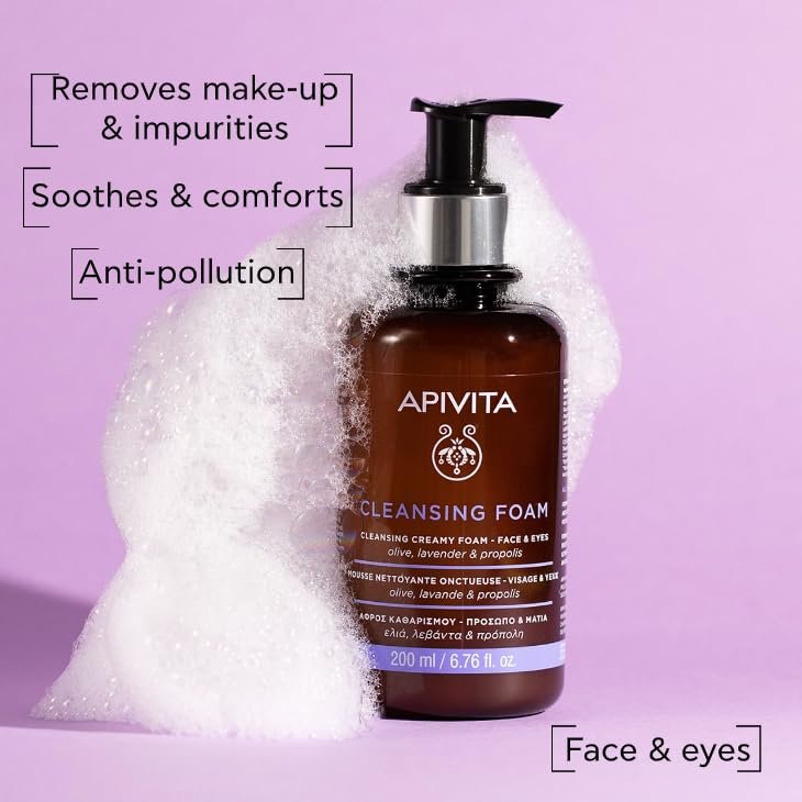 Apivita Cleansing Foam - Hydrating & Soothing Creamy Foam for Face & Eyes with Olive, Lavender & Propolis Avelisse