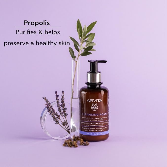 Apivita Cleansing Foam - Hydrating & Soothing Creamy Foam for Face & Eyes with Olive, Lavender & Propolis Avelisse