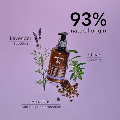 Apivita Cleansing Foam - Hydrating & Soothing Creamy Foam for Face & Eyes with Olive, Lavender & Propolis Avelisse