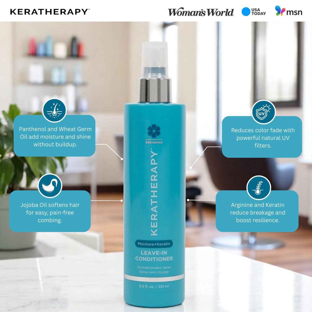 KERATHERAPY Keratin Infused Moisture Leave In Conditioner Spray - 8.5 oz - Hydrating Leave-In with Jojoba Oil & Arginine for Damaged Hair Avelisse