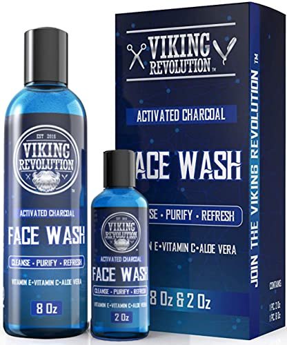 Viking Revolution Charcoal Face Wash for Men - Scrub Away Dirt and Toxins, Deep Cleansing Facial Cleanser, 8 Fl Oz + 2 Fl Oz Travel Size, 2 Piece Set Avelisse