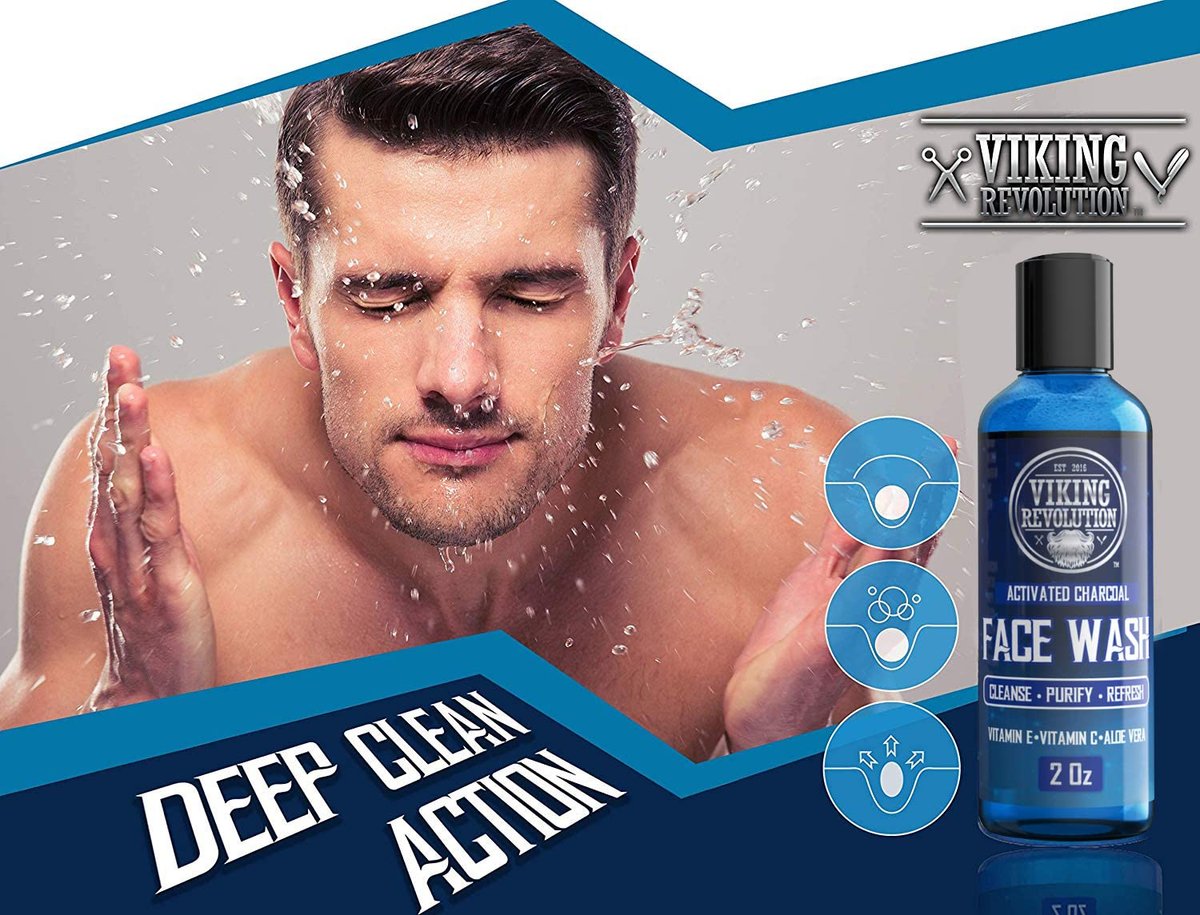 Viking Revolution Charcoal Face Wash for Men - Scrub Away Dirt and Toxins, Deep Cleansing Facial Cleanser, 8 Fl Oz + 2 Fl Oz Travel Size, 2 Piece Set Avelisse