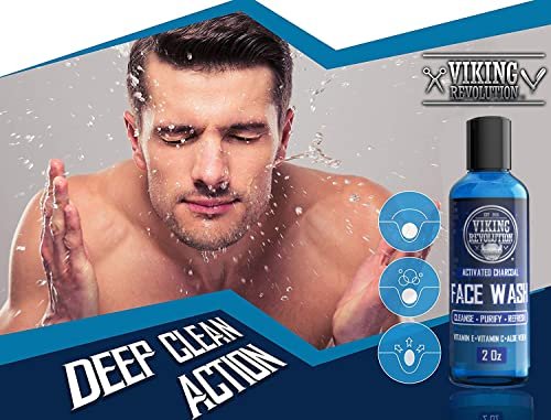 Viking Revolution Charcoal Face Wash for Men - Scrub Away Dirt and Toxins, Deep Cleansing Facial Cleanser, 8 Fl Oz + 2 Fl Oz Travel Size, 2 Piece Set Avelisse