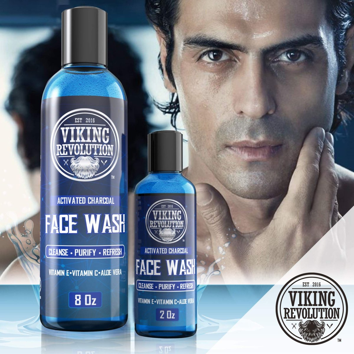 Viking Revolution Charcoal Face Wash for Men - Scrub Away Dirt and Toxins, Deep Cleansing Facial Cleanser, 8 Fl Oz + 2 Fl Oz Travel Size, 2 Piece Set Avelisse
