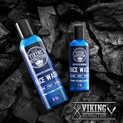 Viking Revolution Charcoal Face Wash for Men - Scrub Away Dirt and Toxins, Deep Cleansing Facial Cleanser, 8 Fl Oz + 2 Fl Oz Travel Size, 2 Piece Set Avelisse