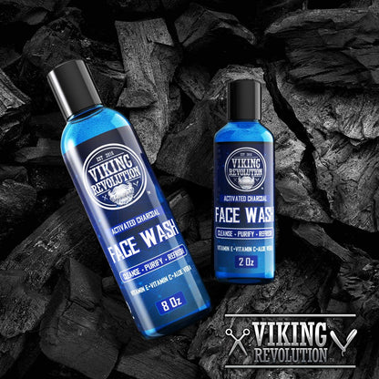 Viking Revolution Charcoal Face Wash for Men - Scrub Away Dirt and Toxins, Deep Cleansing Facial Cleanser, 8 Fl Oz + 2 Fl Oz Travel Size, 2 Piece Set Avelisse