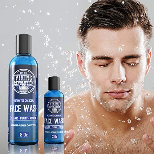 Viking Revolution Charcoal Face Wash for Men - Scrub Away Dirt and Toxins, Deep Cleansing Facial Cleanser, 8 Fl Oz + 2 Fl Oz Travel Size, 2 Piece Set Avelisse