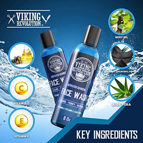 Viking Revolution Charcoal Face Wash for Men - Scrub Away Dirt and Toxins, Deep Cleansing Facial Cleanser, 8 Fl Oz + 2 Fl Oz Travel Size, 2 Piece Set Avelisse