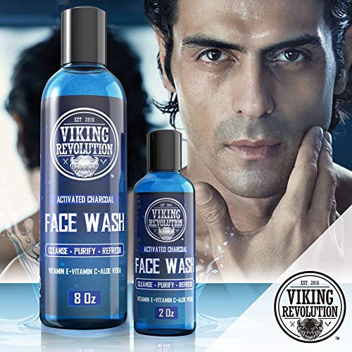 Viking Revolution Charcoal Face Wash for Men - Scrub Away Dirt and Toxins, Deep Cleansing Facial Cleanser, 8 Fl Oz + 2 Fl Oz Travel Size, 2 Piece Set Avelisse