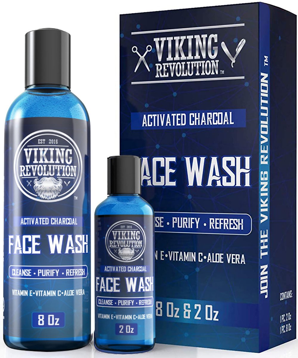Viking Revolution Charcoal Face Wash for Men - Scrub Away Dirt and Toxins, Deep Cleansing Facial Cleanser, 8 Fl Oz + 2 Fl Oz Travel Size, 2 Piece Set Avelisse