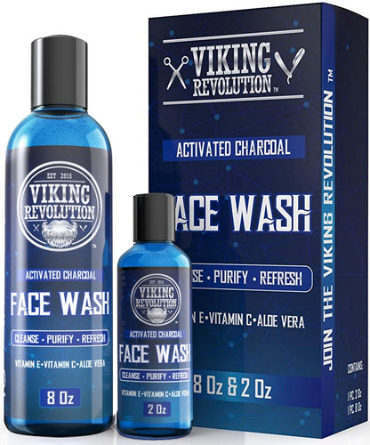 Viking Revolution Charcoal Face Wash for Men - Scrub Away Dirt and Toxins, Deep Cleansing Facial Cleanser, 8 Fl Oz + 2 Fl Oz Travel Size, 2 Piece Set Avelisse