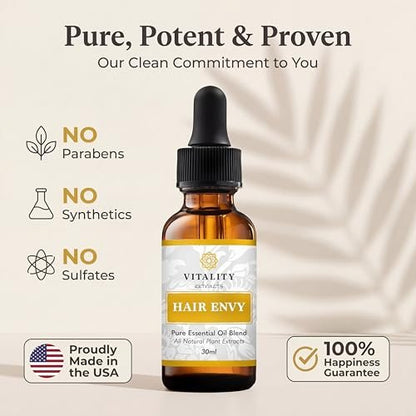 Vitality Extracts Hair Envy - Natural Hair Growth Serum with 15 Plant Extracts, 100% Pure Essential Oils - Strengthen Hair, Minimize Breakage, Stimulate Follicles Avelisse