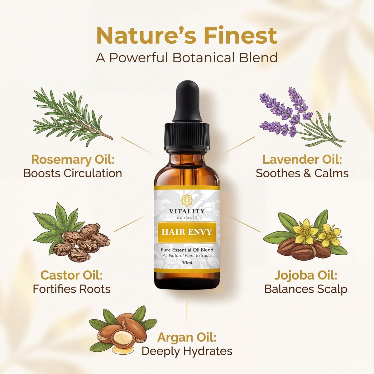 Vitality Extracts Hair Envy - Natural Hair Growth Serum with 15 Plant Extracts, 100% Pure Essential Oils - Strengthen Hair, Minimize Breakage, Stimulate Follicles Avelisse