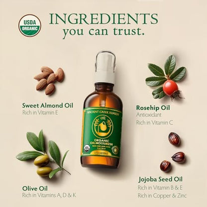 Ancient Greek Remedy Face Oil for Dry Skin - Organic Unscented Anti-Aging Serum with Jojoba, Rosehip, Almond, Olive, Vitamin E - Facial Gua Sha Oil & Natural Body Moisturizer for Women & Men 4 oz