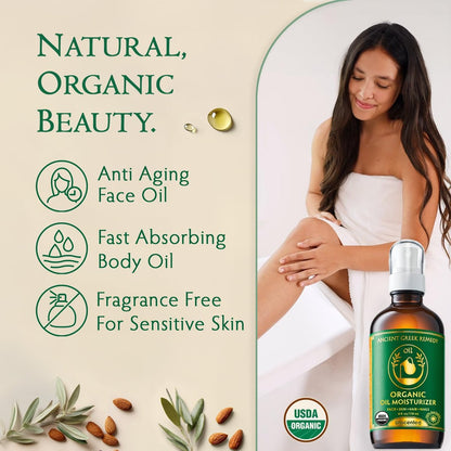 Ancient Greek Remedy Face Oil for Dry Skin - Organic Unscented Anti-Aging Serum with Jojoba, Rosehip, Almond, Olive, Vitamin E - Facial Gua Sha Oil & Natural Body Moisturizer for Women & Men 4 oz
