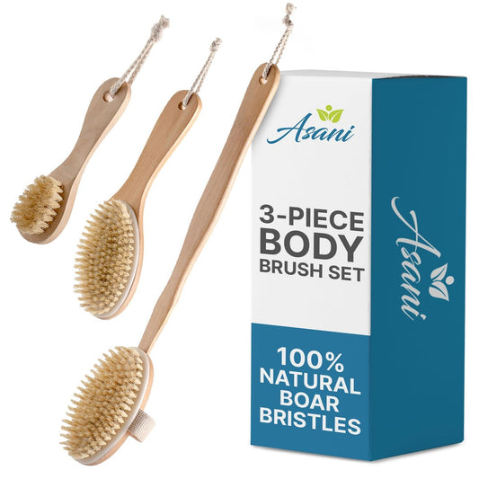 Asani Dry Brushing Body Brush Set for Lymphatic Drainage & Cellulite - 3-Piece Detachable Back, Contour & Face Brushes - Natural Boar Bristle, Exfoliating Body Brush for Dry Skin, Invigorating Showers Avelisse