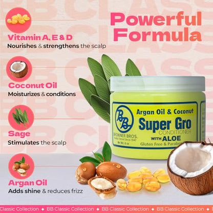 B&B Super Gro Conditioner 6 oz – Argan Oil, Coconut & Aloe for Curly, Dry & Damaged Hair