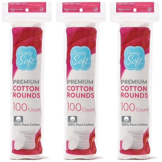 Medline Simply Soft 100% Cotton Rounds (300 Count) - Lint-Free, Absorbent, Textured Cotton Pads for Face and Body