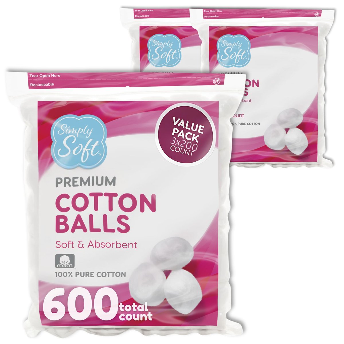 Simply Soft Premium Cotton Balls (600 Count) - 100% Pure Cotton, Large Cotton Balls for Face and Nail Polish Remover - görsel 2