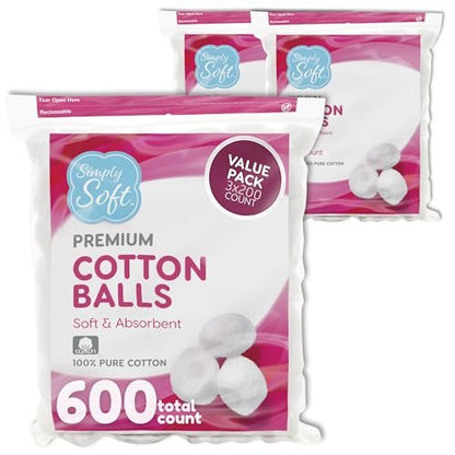 Simply Soft Premium Cotton Balls (600 Count) - 100% Pure Cotton, Large Cotton Balls for Face and Nail Polish Remover