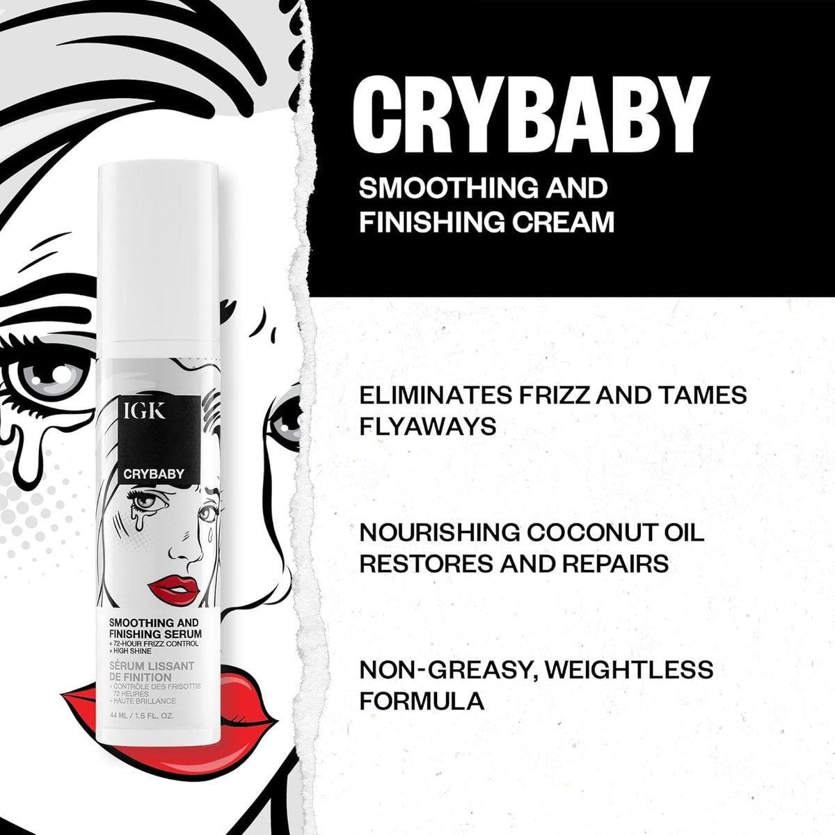 IGK Crybaby Smoothing & Finishing Serum: High Shine, Frizz Control, Lightweight, Vegan & Cruelty Free (1.5 oz) Avelisse