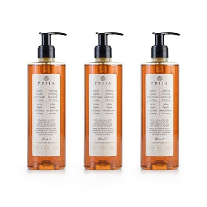 Prija Vitalising Hand Wash with Ginseng Extract, Moisturizing Liquid Hand Soap, Vegan Friendly, Energizing Fragrance, 3 x 12.85 Fl Oz