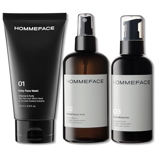 HommeFace Men's Daily Trio 3-Step Skincare Set - Face Wash, Herbal Spray Toner & Moisturizer with CICA, Tea Tree Leaf & Witch Hazel Extracts for All Skin Types Avelisse