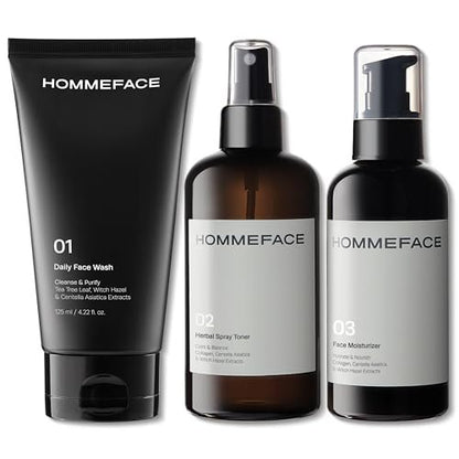 HommeFace Men's Daily Trio 3-Step Skincare Set - Face Wash, Herbal Spray Toner & Moisturizer with CICA, Tea Tree Leaf & Witch Hazel Extracts for All Skin Types Avelisse